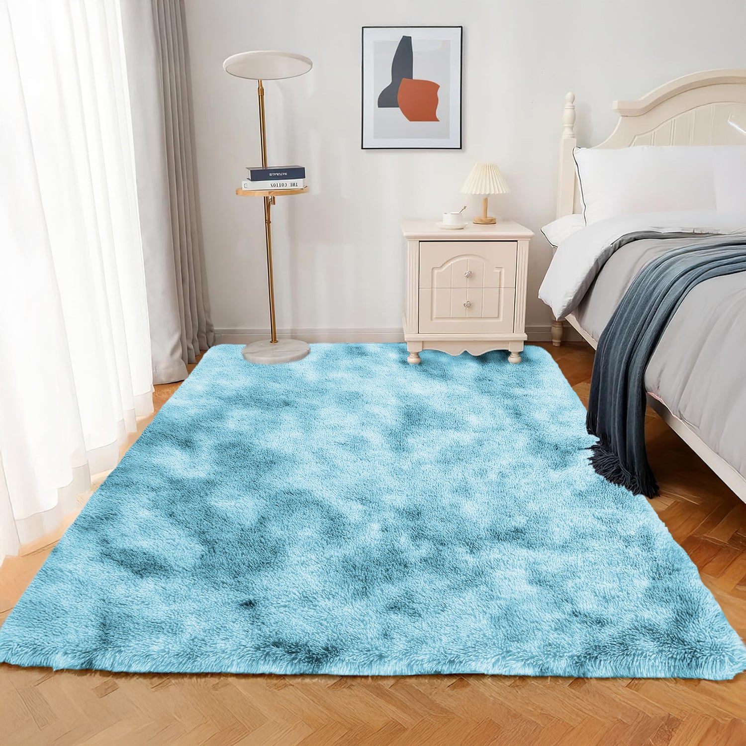 Large Shaggy Rug Soft Deep Pile Tie Dye Teal