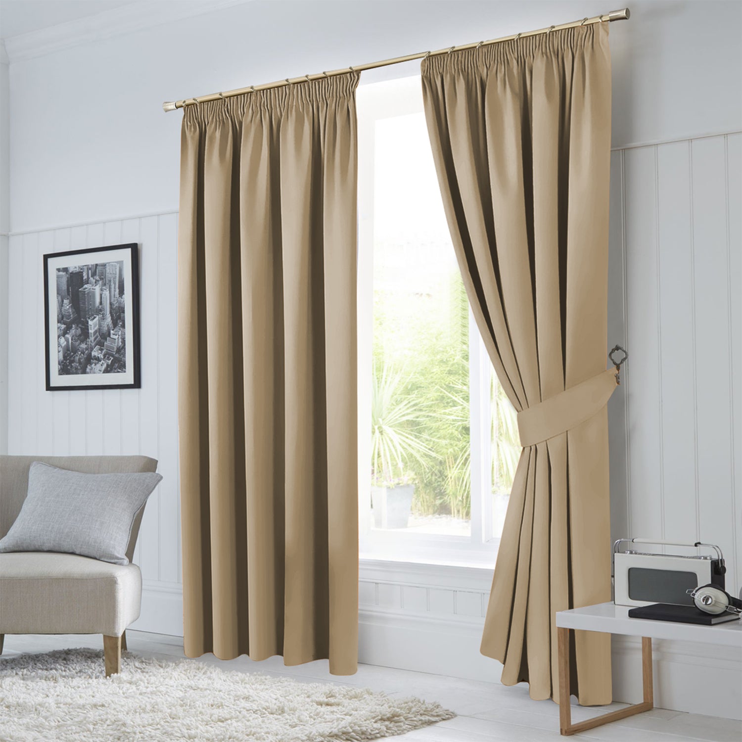 Beige Pencil Pleat Curtains Thermal Blackout