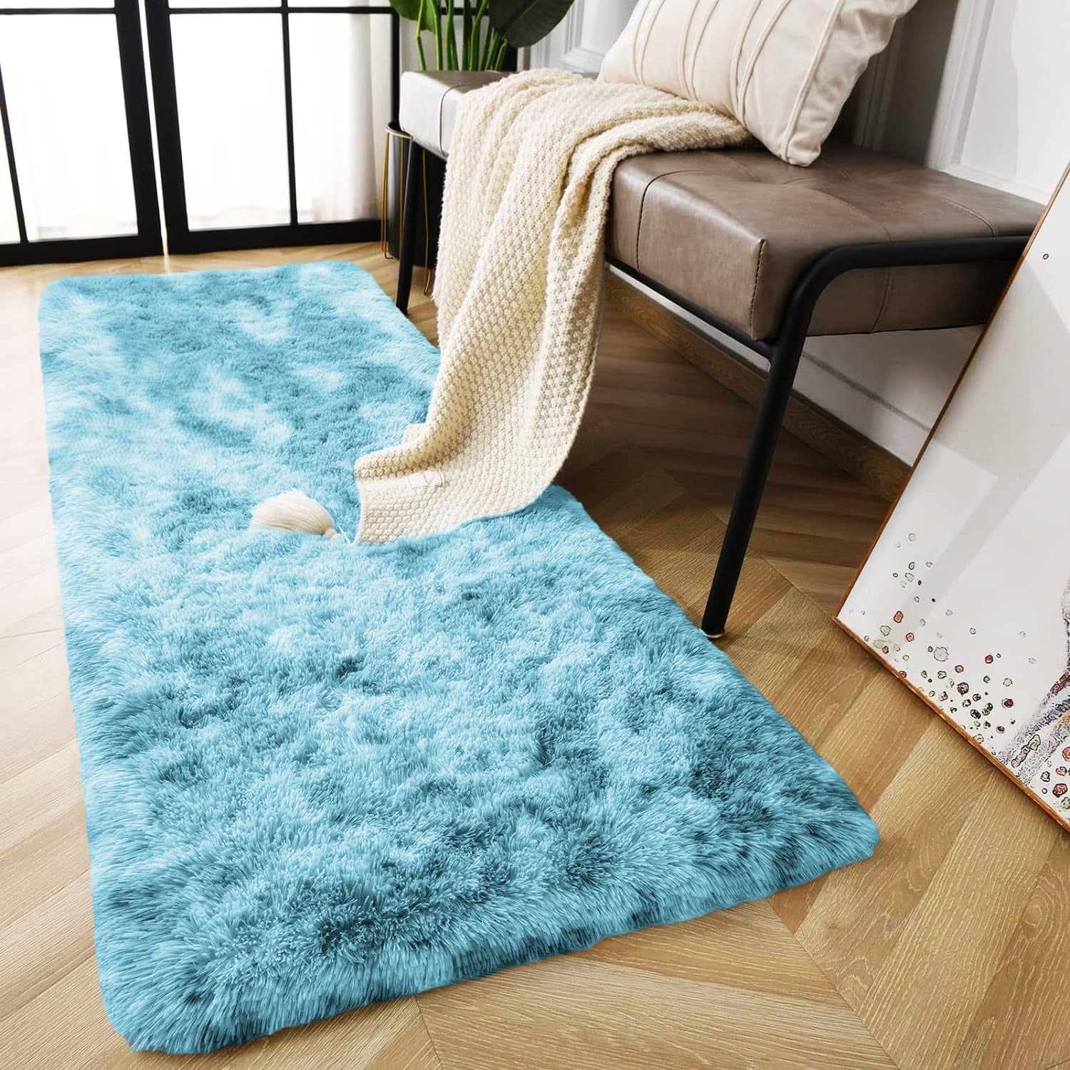 Large Shaggy Rug Soft Deep Pile Tie Dye Teal