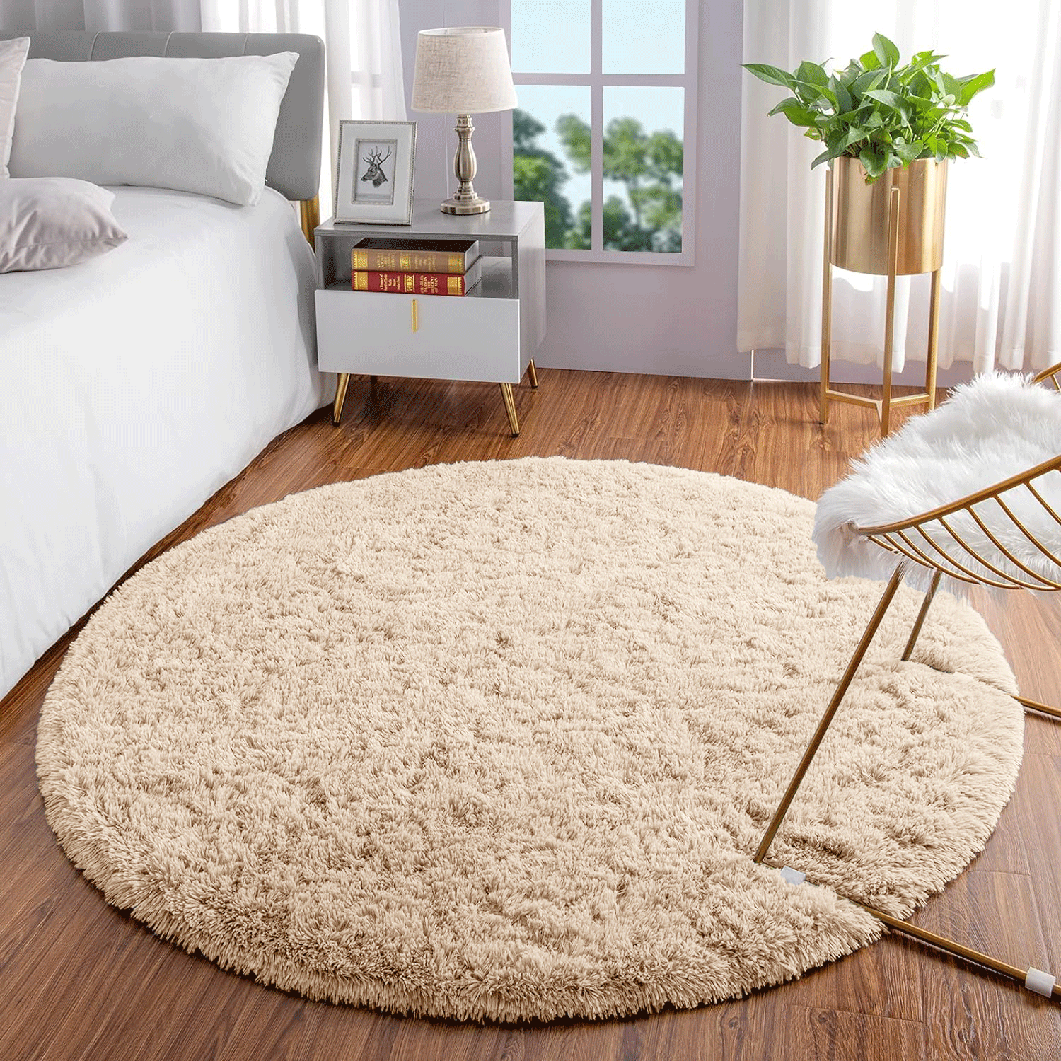 Beige Deep Pile Fluffy Circle Shaggy Rug