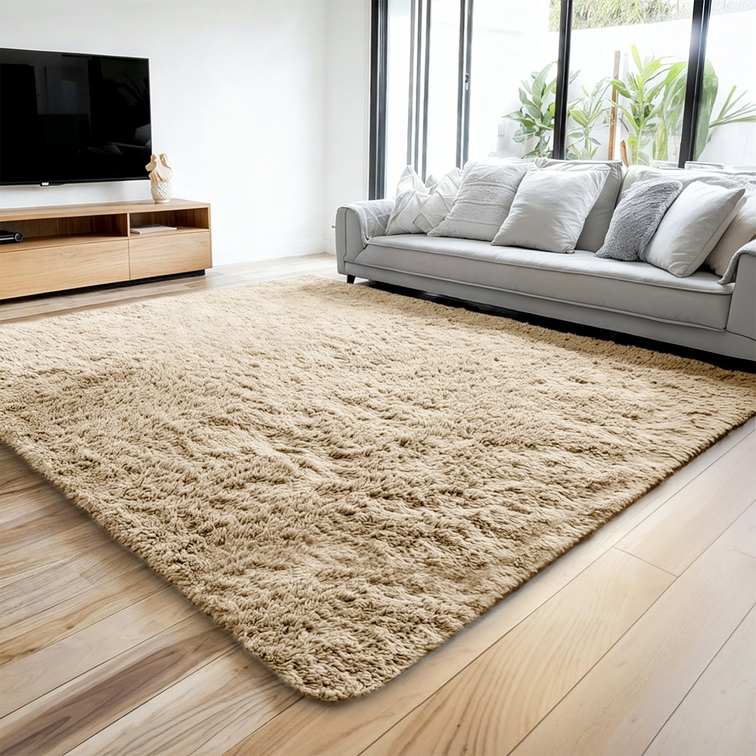 Large Beige Rug Soft Deep Pile Shaggy Carpet