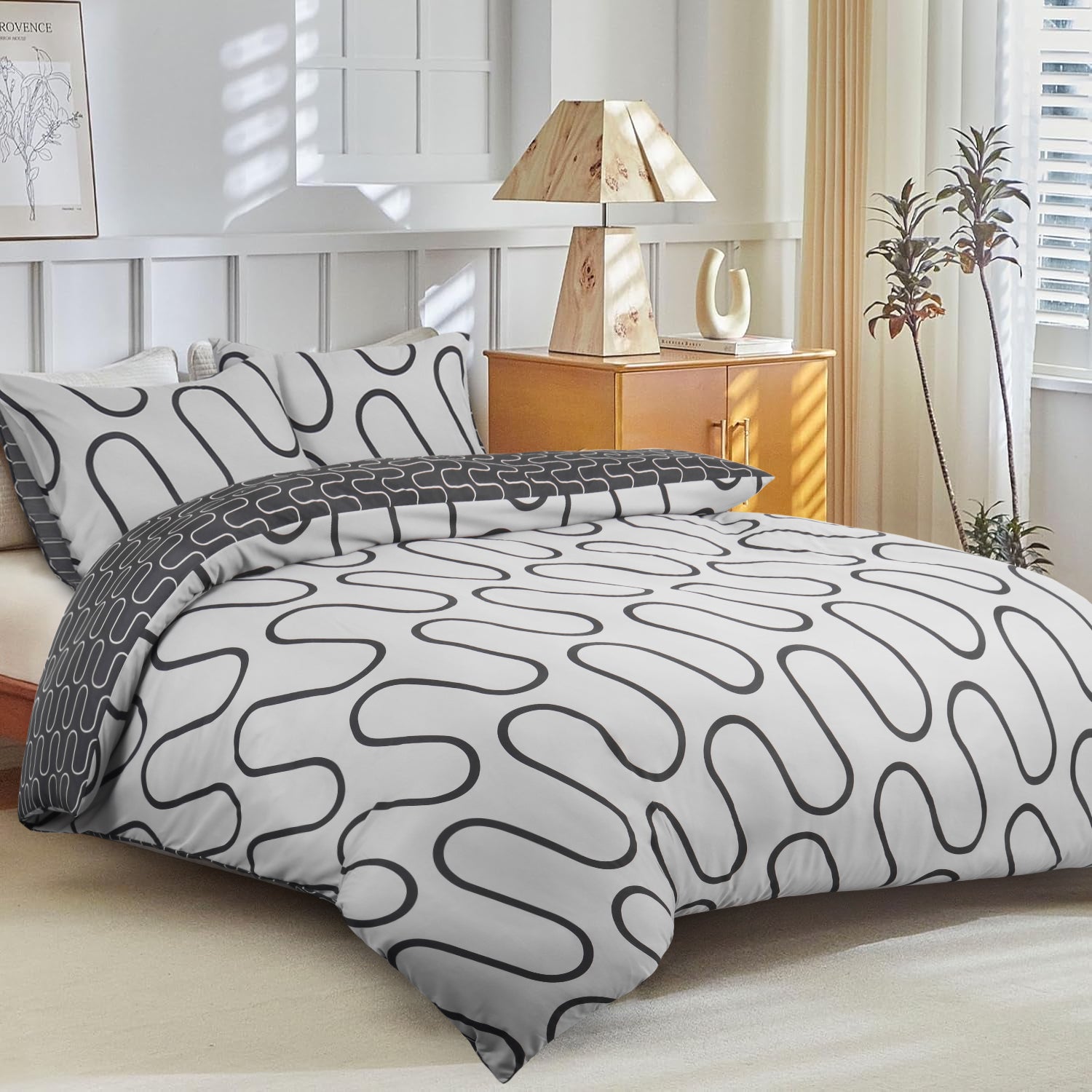 Modern Wavy Lines Reversible Duvet Cover Set Black And Grey