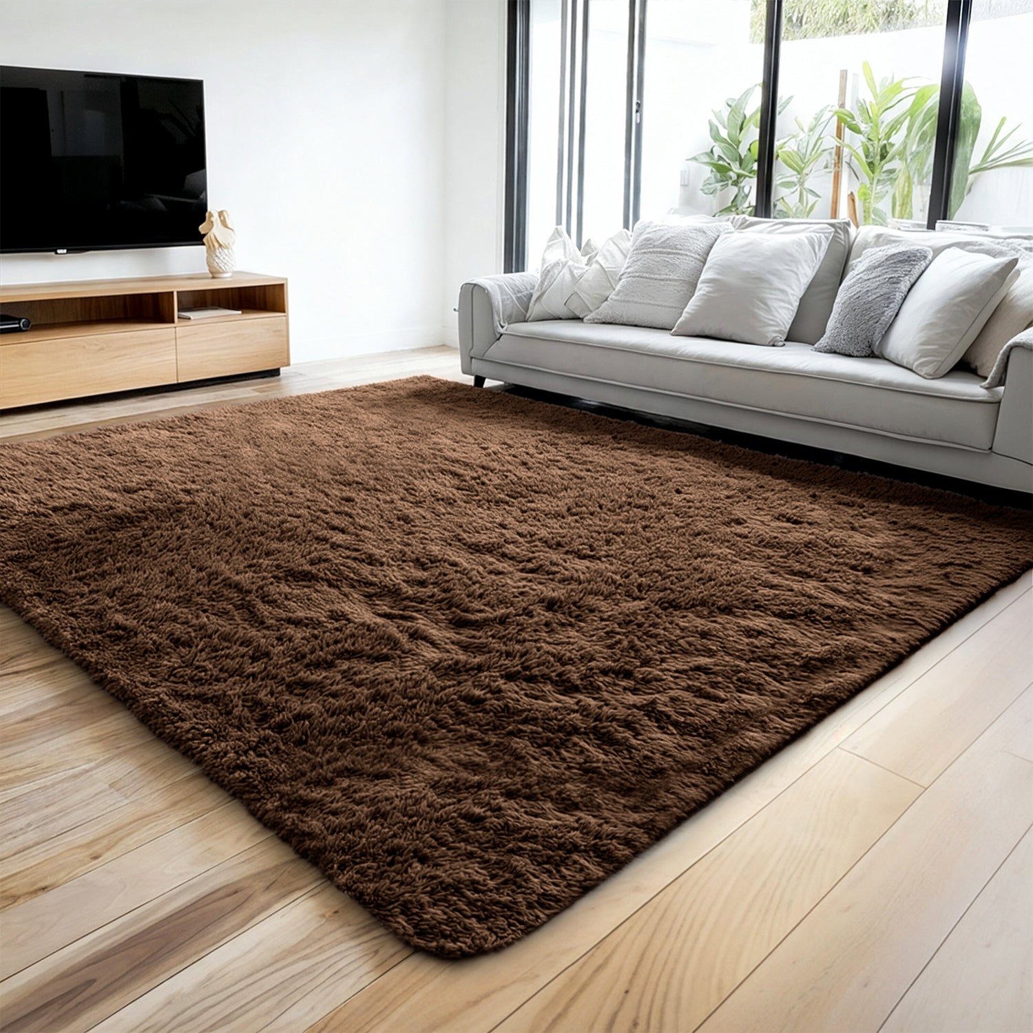 Large Shaggy Rug Soft Deep Pile Brown