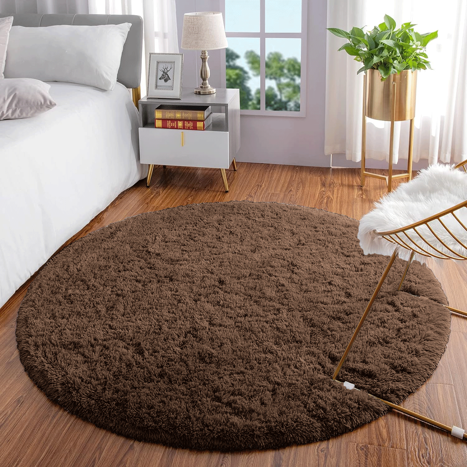 Brown Fluffy Circle Shaggy Rug