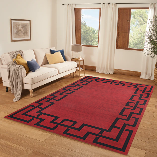 Large Area Living Room Rugs Red Greek Key Printed