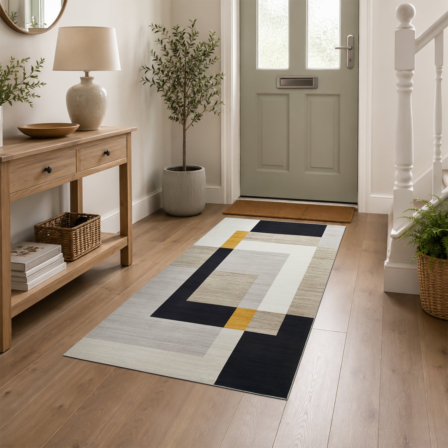Minimalist Colour Block Rug Grey Black & Mustard Tones