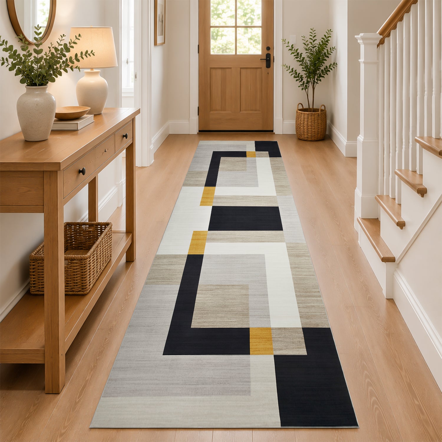 Minimalist Colour Block Rug Grey Black & Mustard Tones