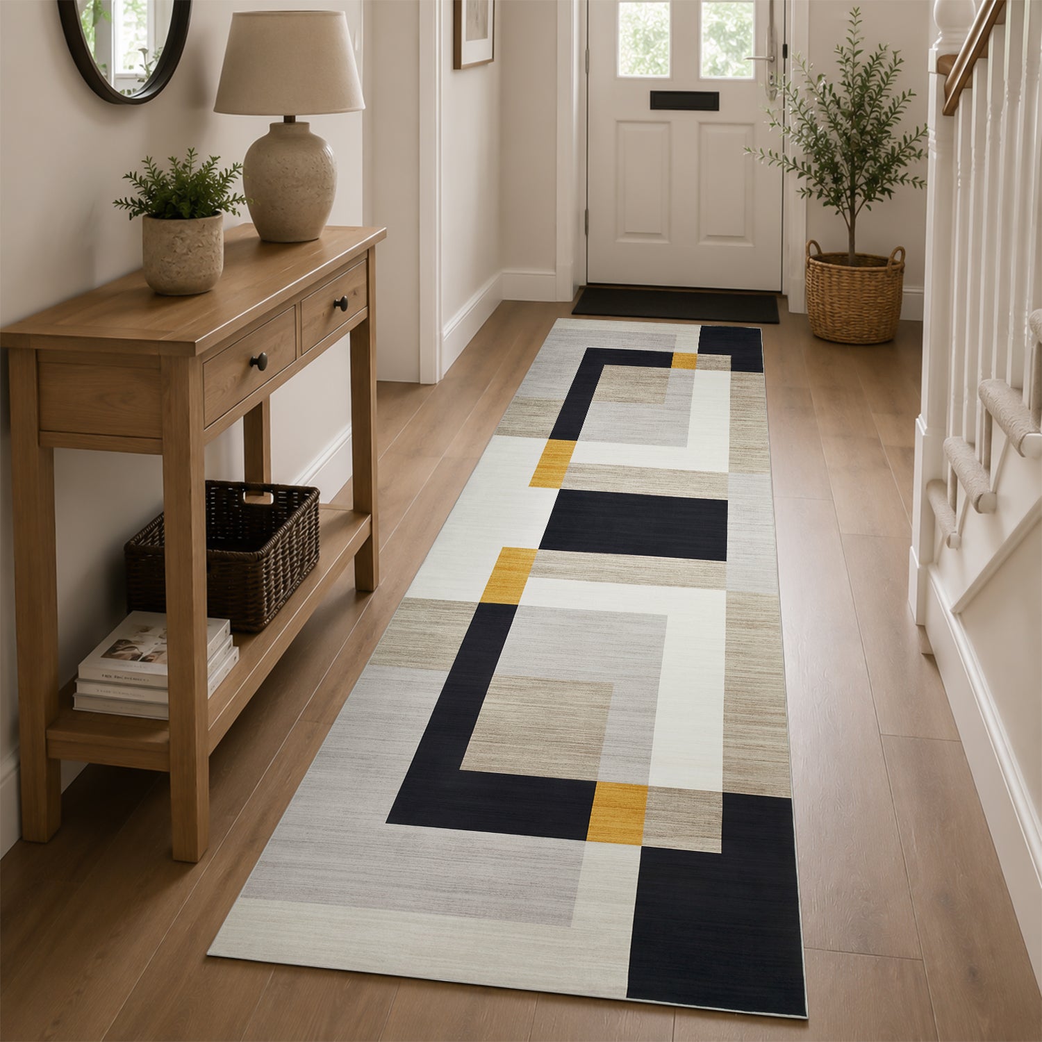 Minimalist Colour Block Rug Grey Black & Mustard Tones