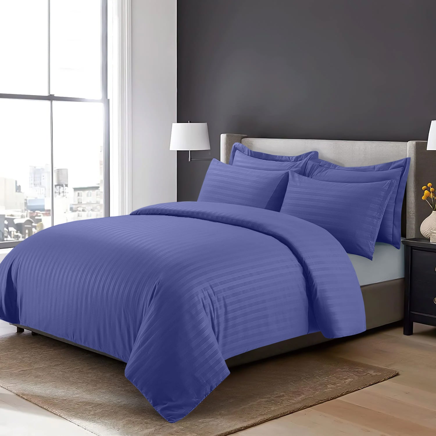 Navy Blue Striped Bedding Set