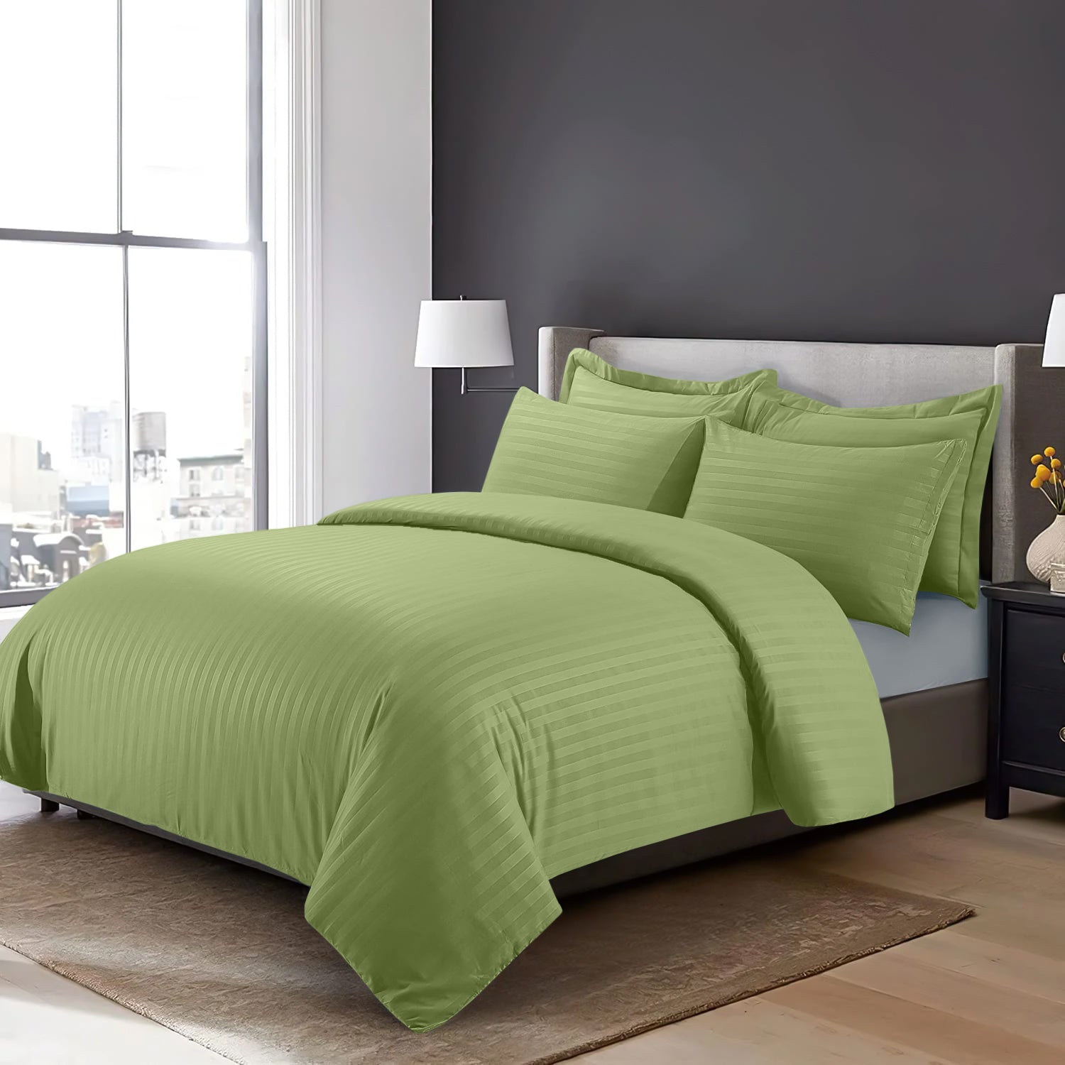 Olive Green Stripe Duvet Cover Set