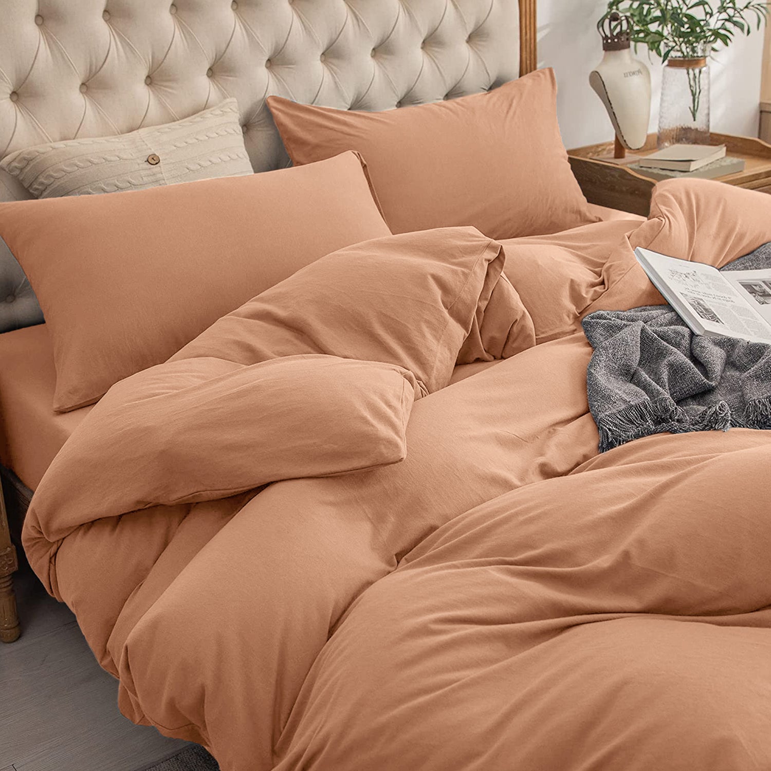 4 Piece Plain Bedding Set Peach