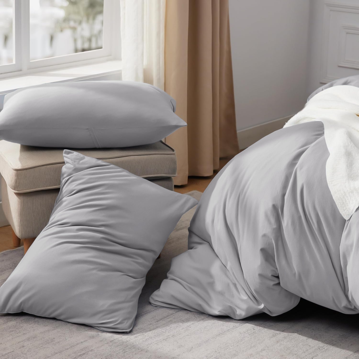 Plain Dyed Silver Bedding With Pillowcase Pair