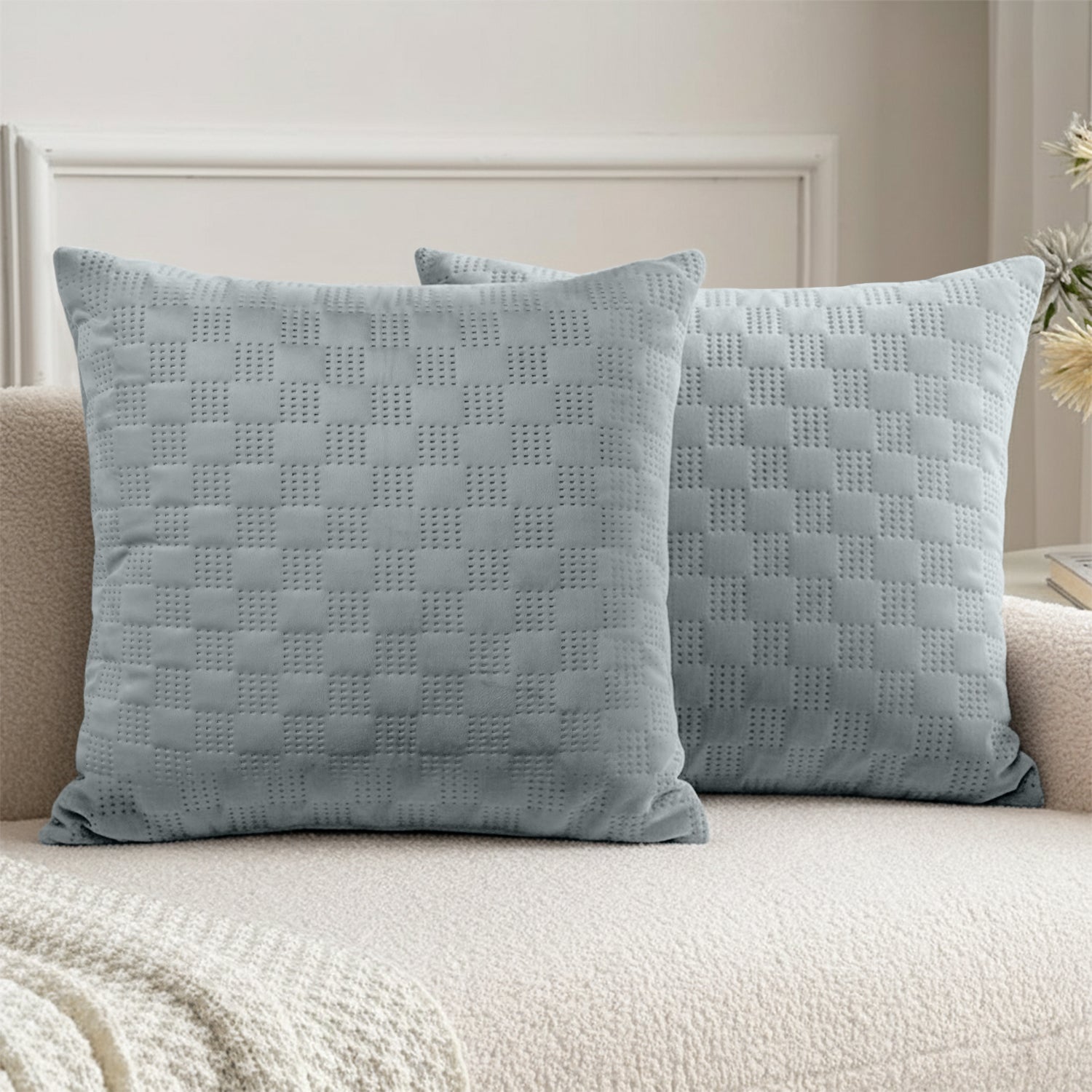 Pack Of 2 Square Velvet Cushion Cover Check Pattern