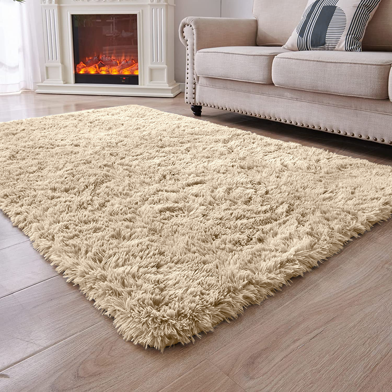 Large Beige Rug Soft Deep Pile Shaggy Carpet - Main Image