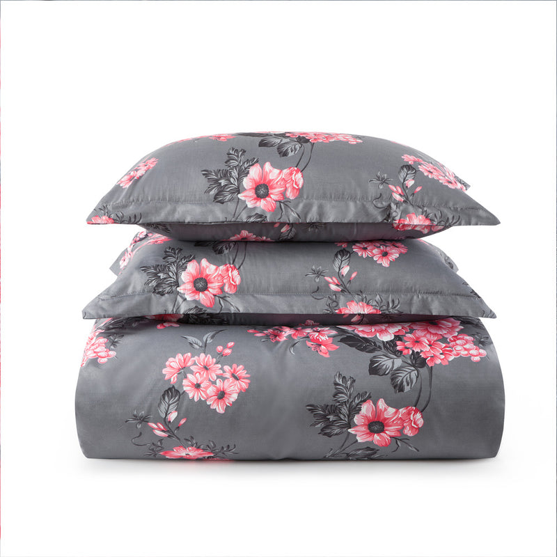 Grey Floral Bouquet Print Bedding Duvet Cover Set