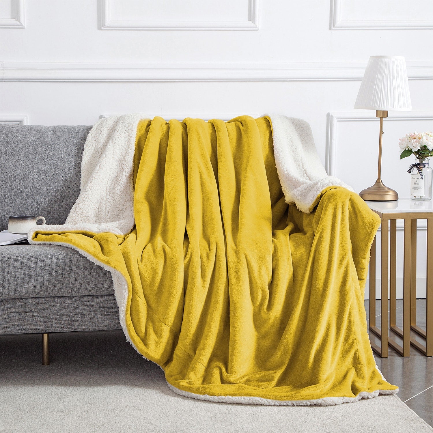 Ochre Throws for Sofa Bed Sherpa Fleece Blanket - Main Image