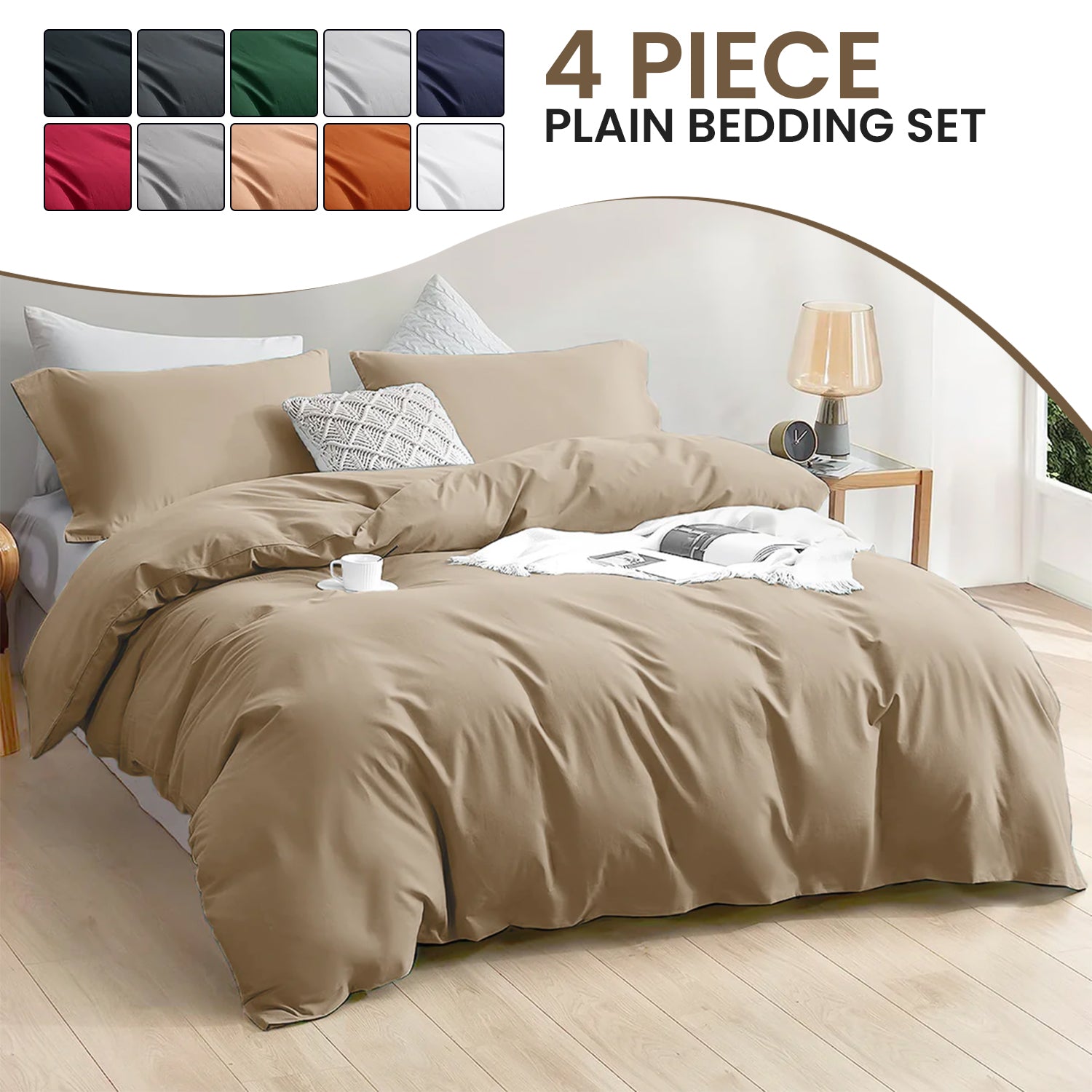 4 Piece Plain Bedding Set Duvet Cover, Pillowcases & Fitted Sheet