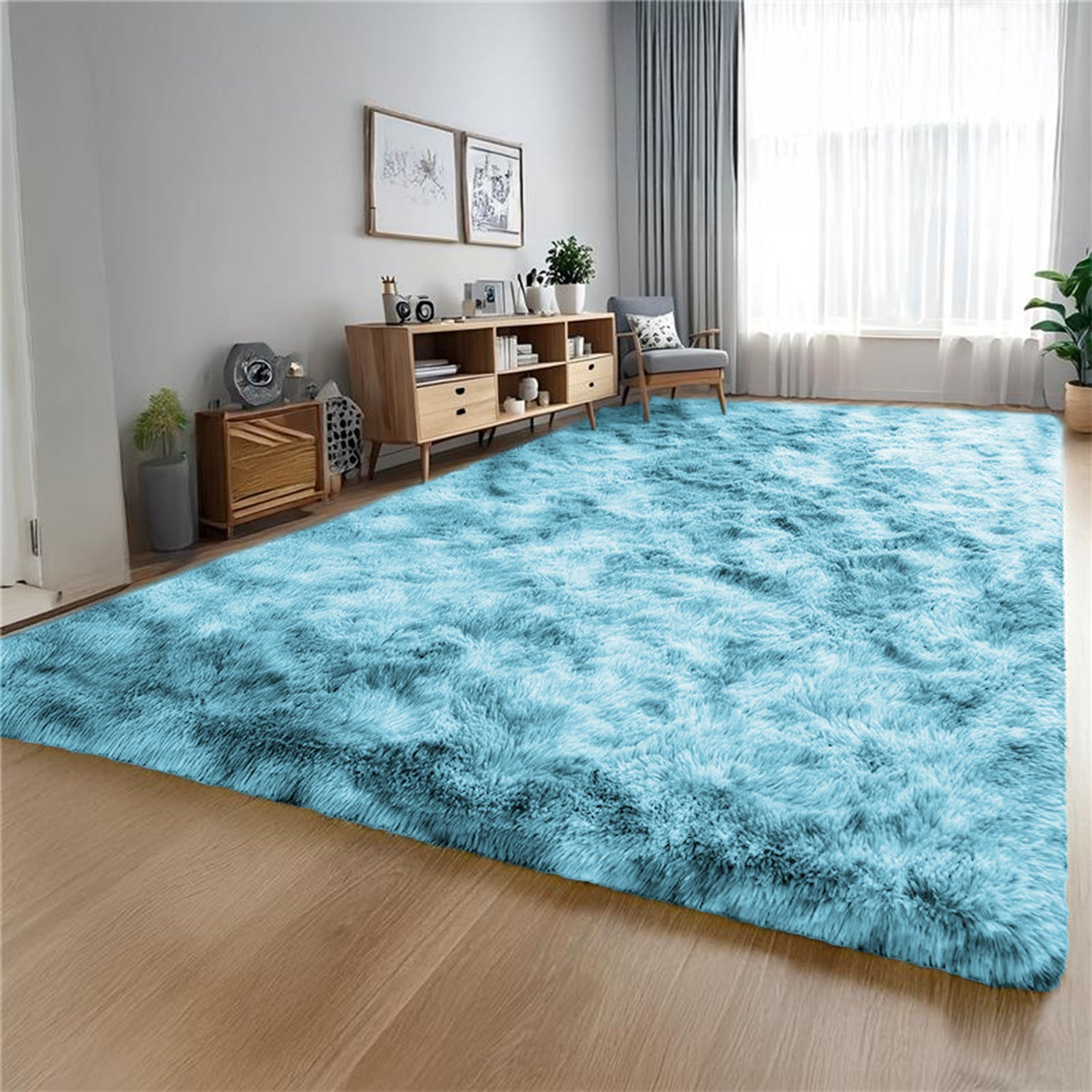 Large Shaggy Rug Soft Deep Pile Tie Dye Teal