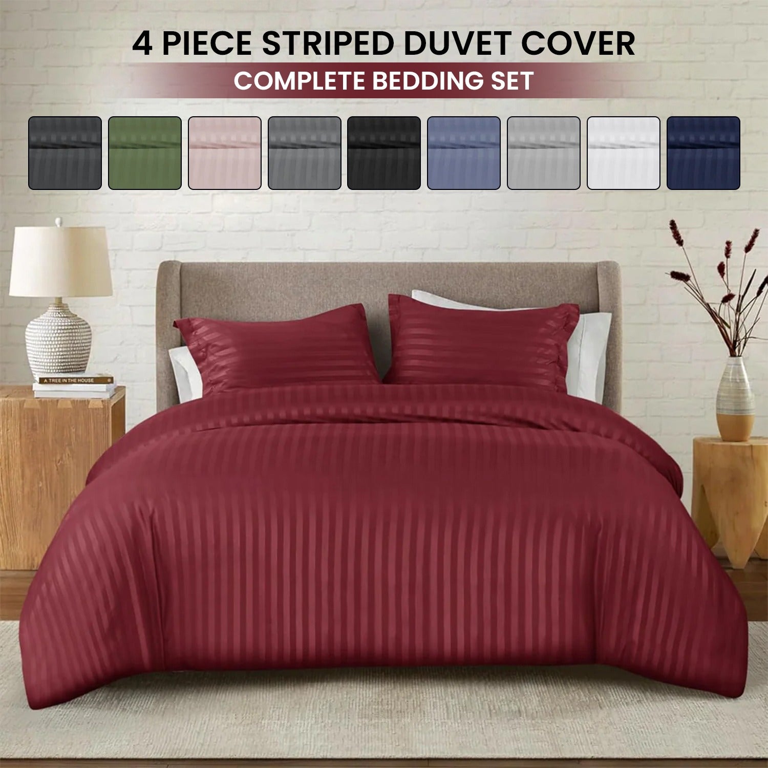 4 Piece Striped Duvet Cover Complete Bedding Set