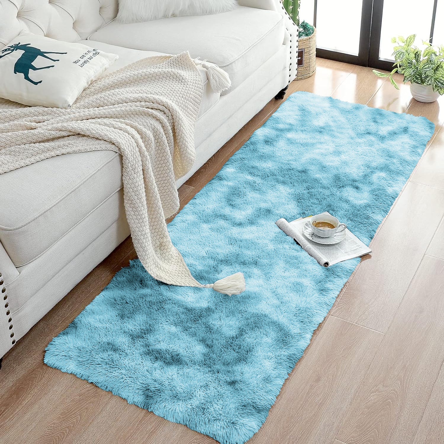Large Shaggy Rug Soft Deep Pile Tie Dye Teal