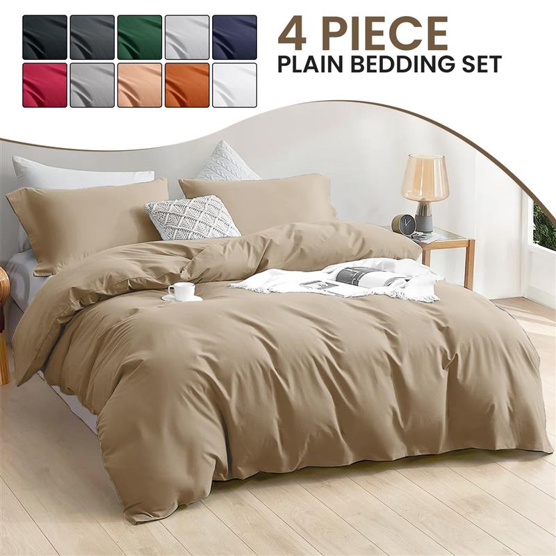 4 Piece Plain Bedding Set Duvet Cover, Pillowcases & Fitted Sheet