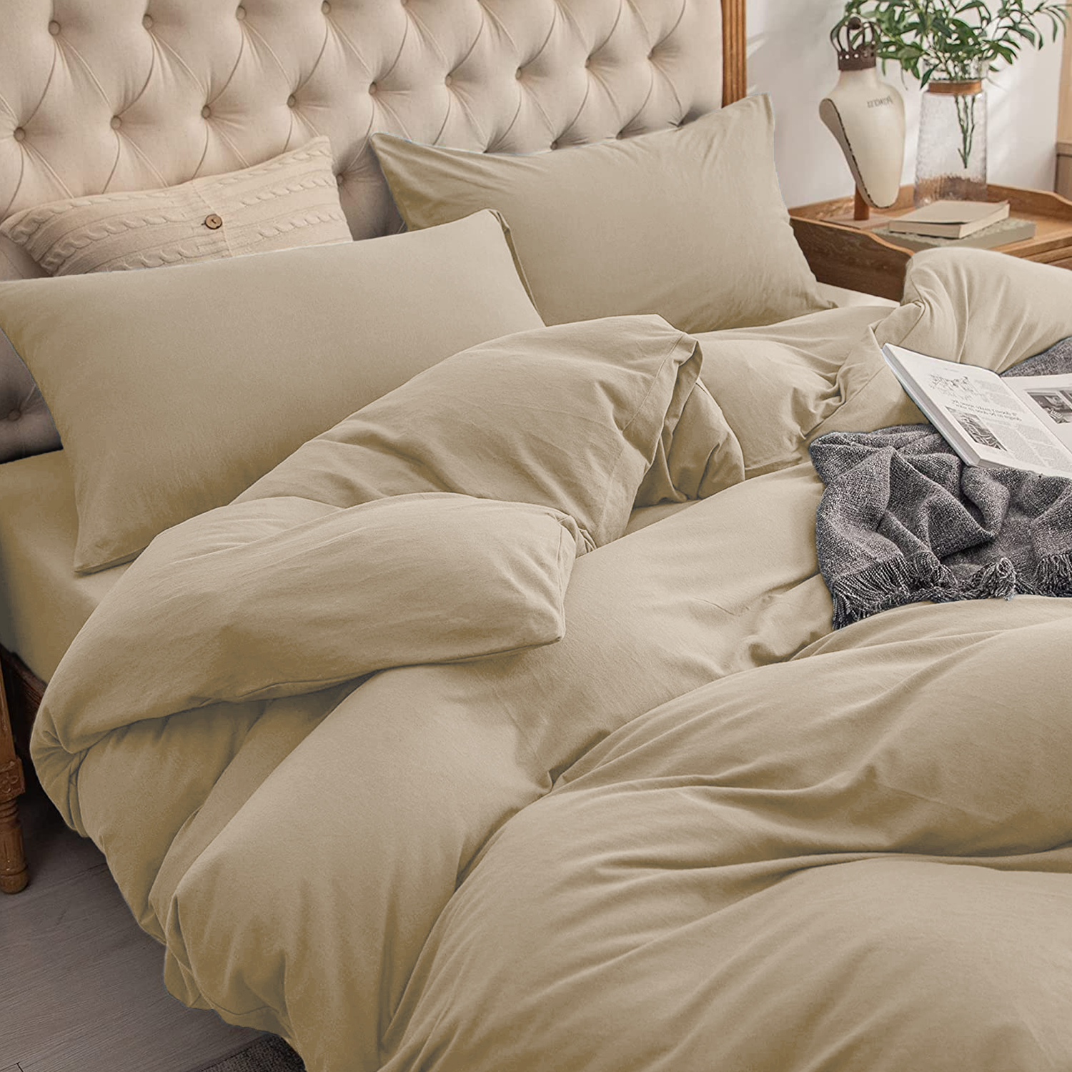 4 Piece Plain Bedding Set Beige