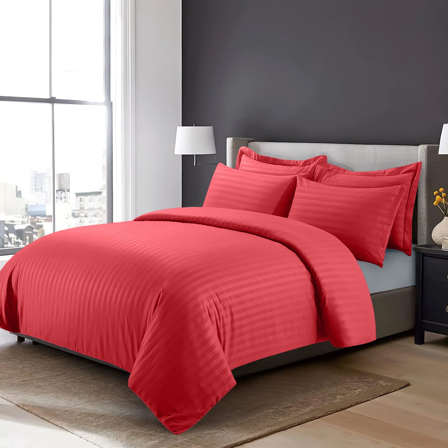 Striped Burgundy Duvet Cover Set