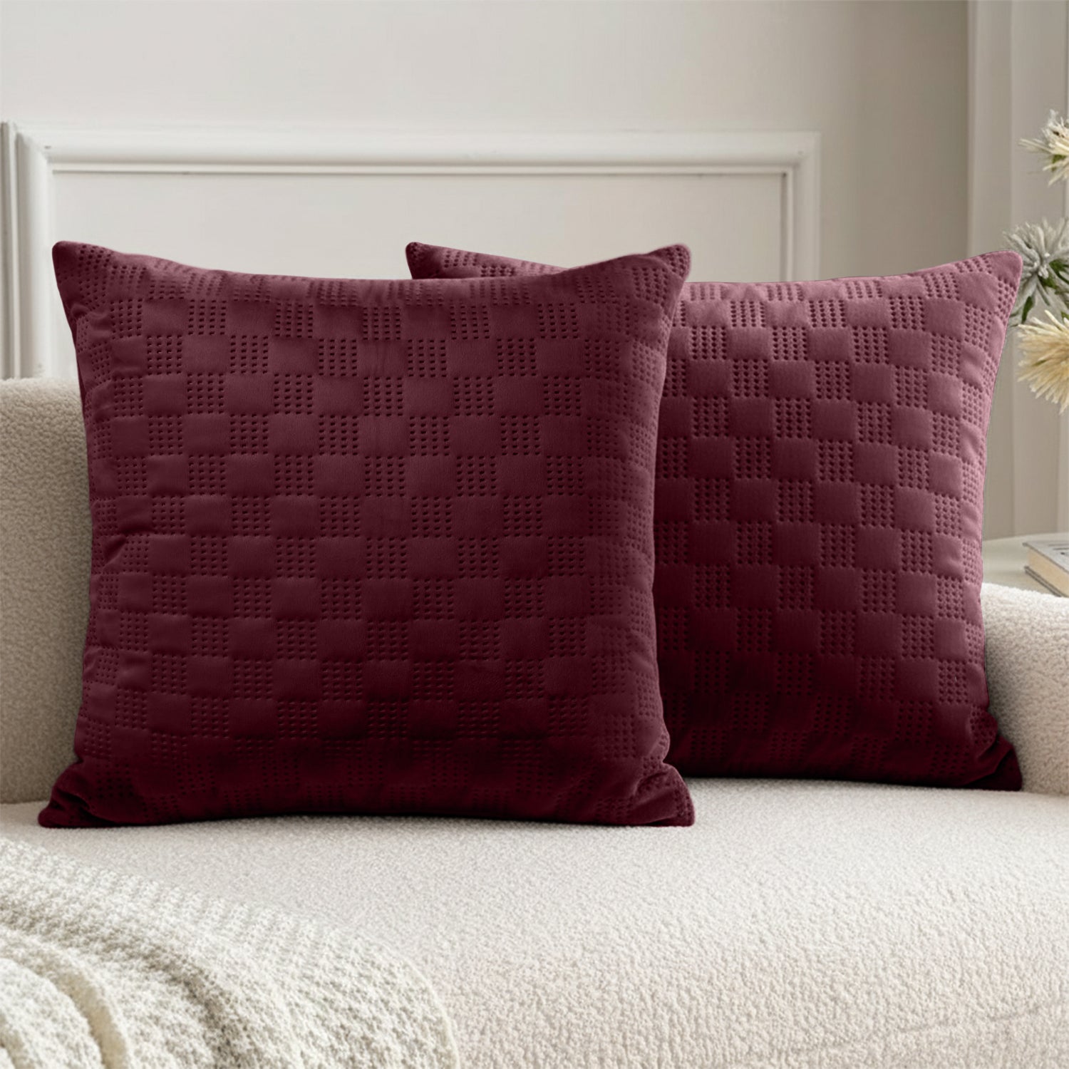 Pack Of 2 Square Velvet Cushion Cover Check Pattern