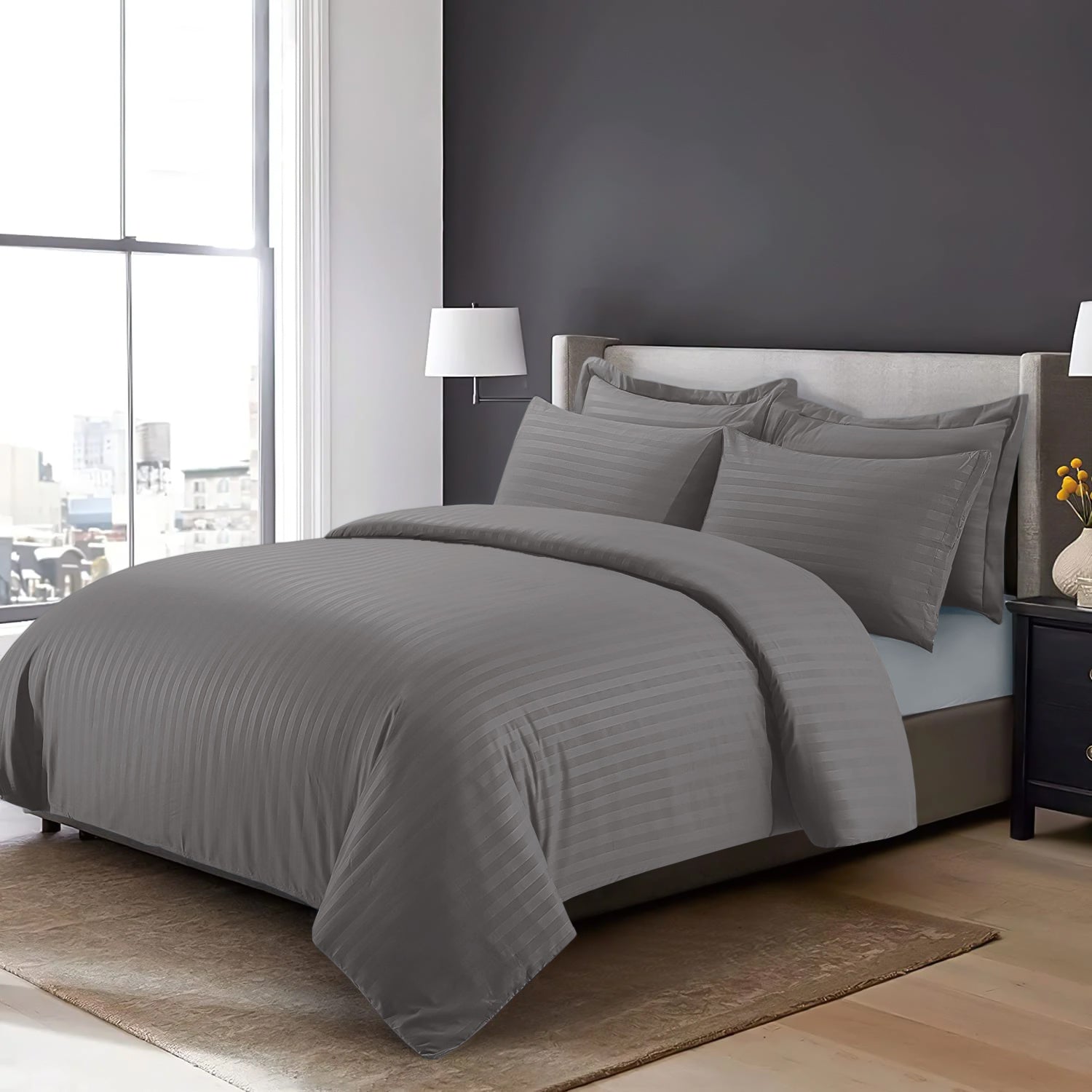 Charcoal Bedding With Stripe Pattern