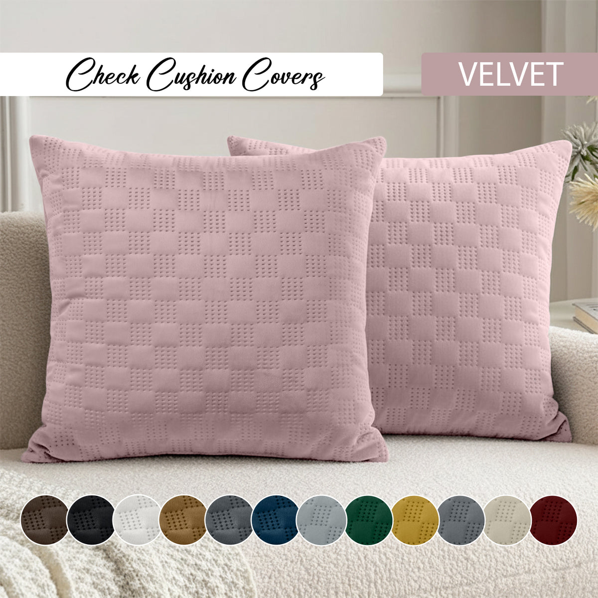 Pack Of 2 Square Velvet Cushion Cover Check Pattern