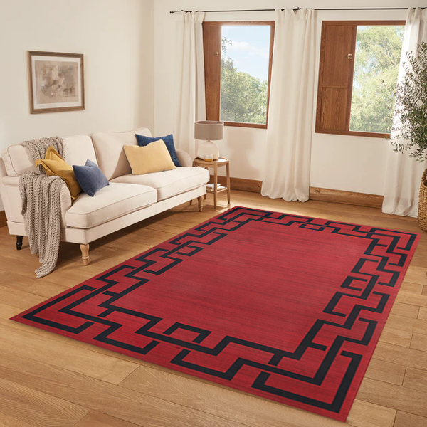 Large Area Living Room Rugs Red Greek Key Printed