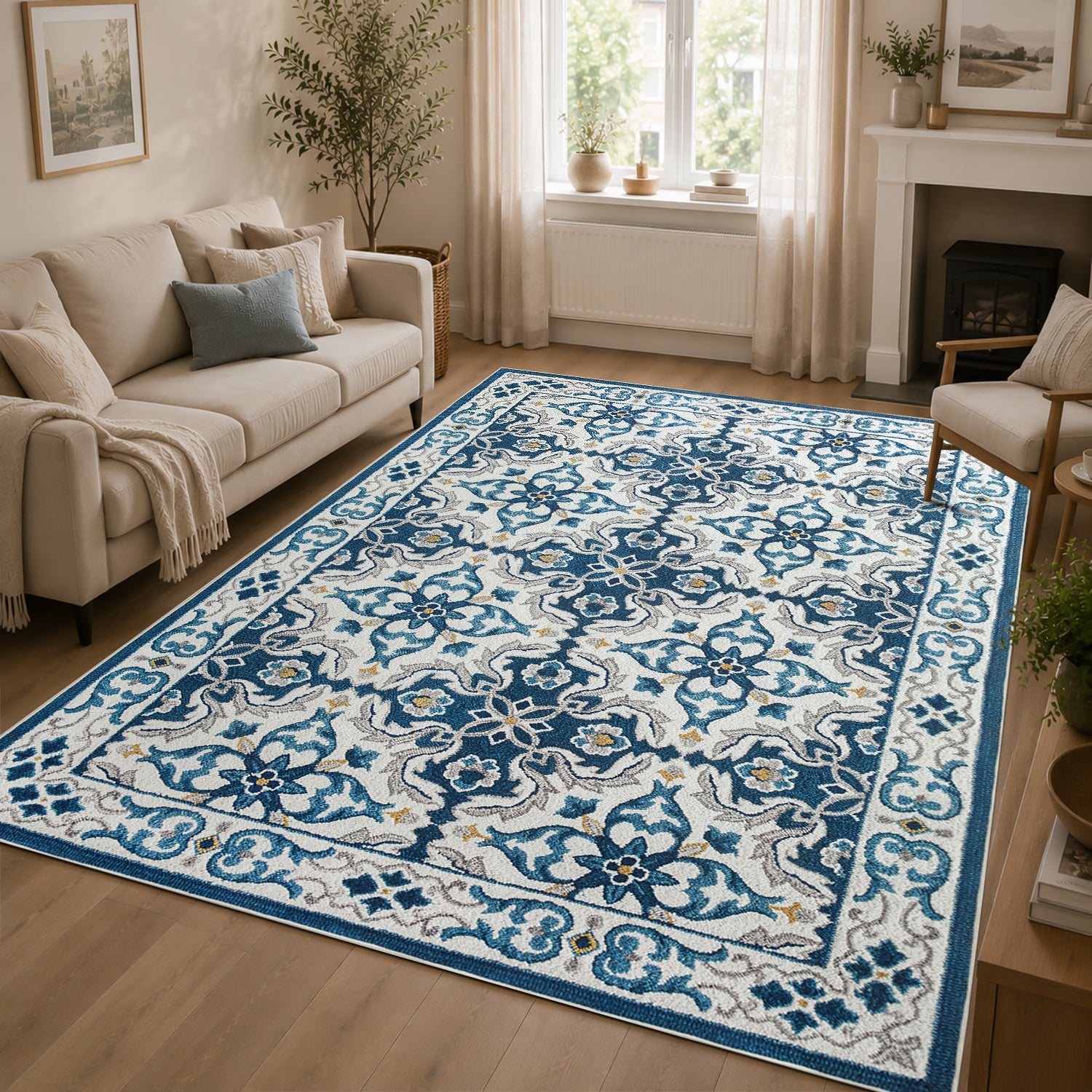 Modern Non-Slip Blue Rug for Living Room & Bedroom