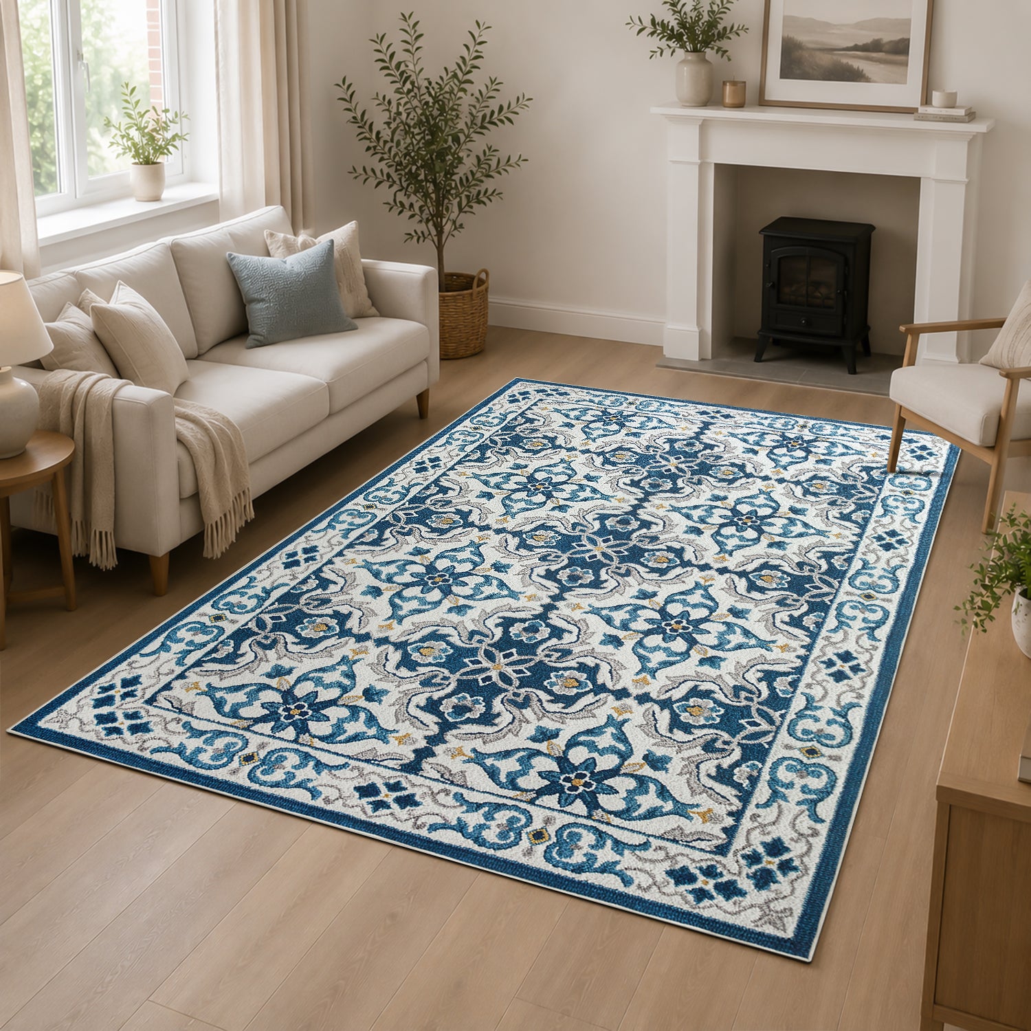 Modern Non-Slip Blue Rug for Living Room & Bedroom