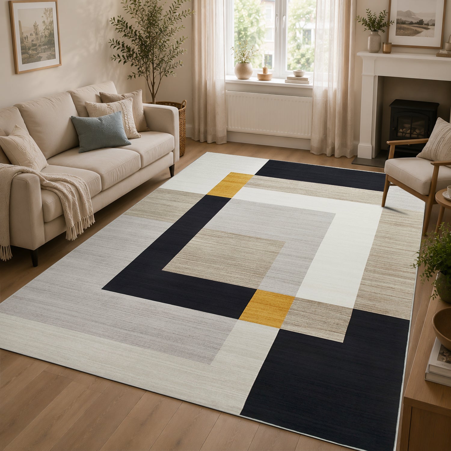 Minimalist Colour Block Rug Grey Black & Mustard Tones