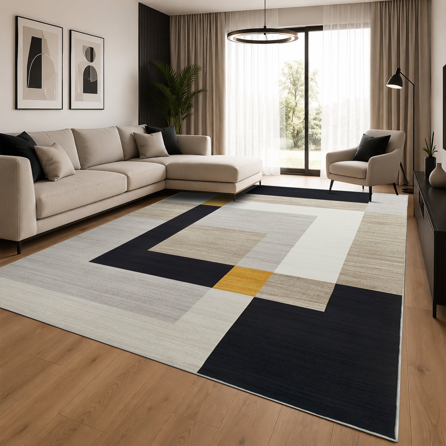 Minimalist Colour Block Rug Grey Black & Mustard Tones