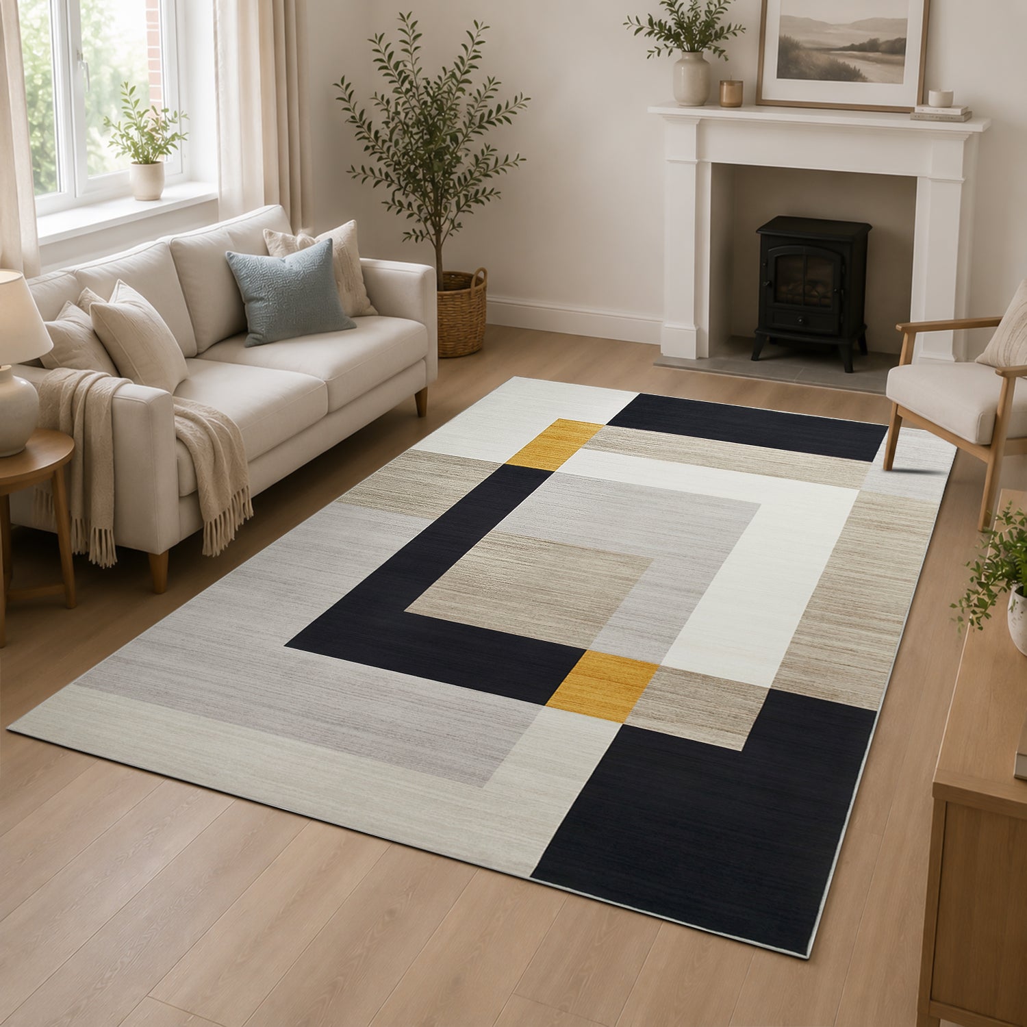Minimalist Colour Block Rug Grey Black & Mustard Tones