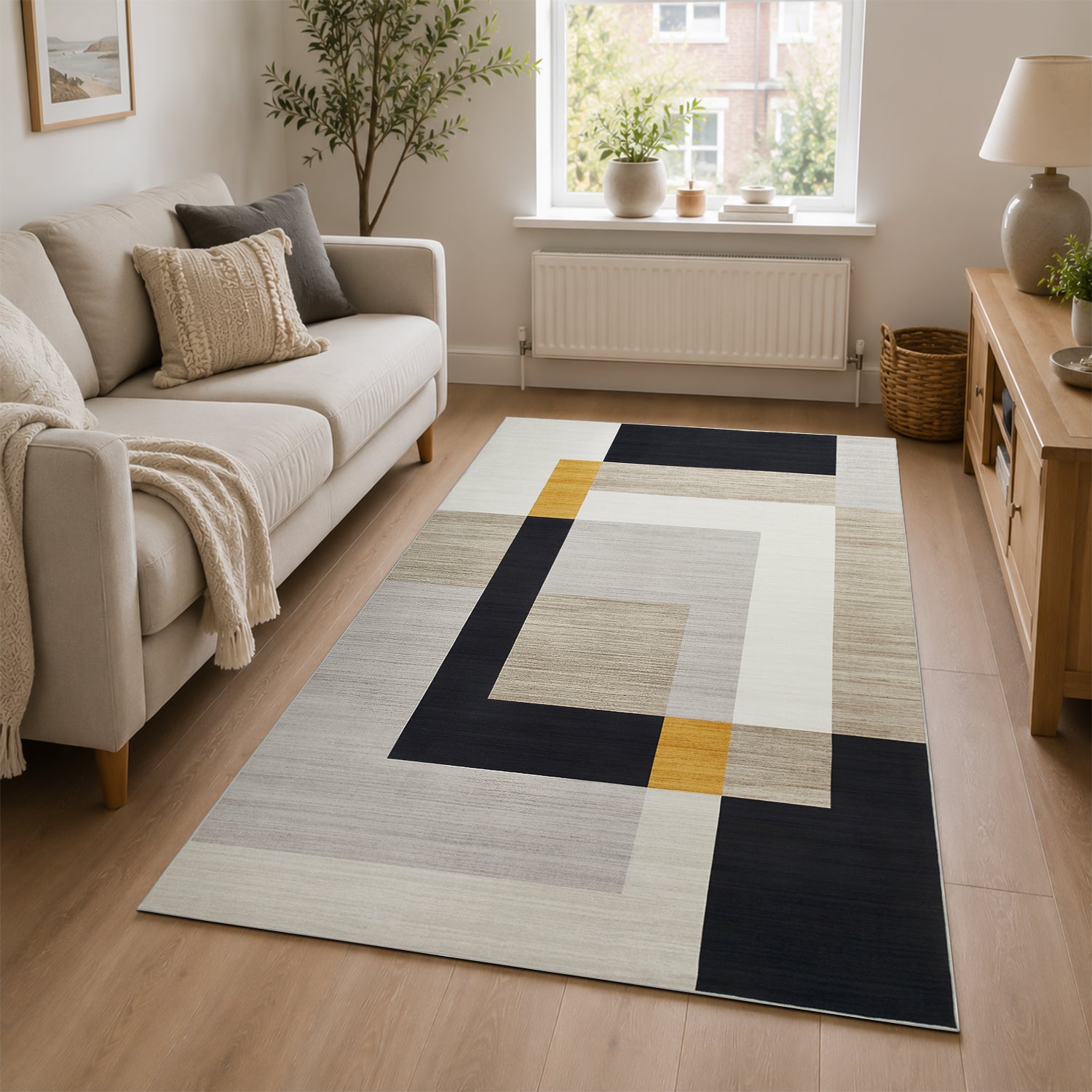 Minimalist Colour Block Rug Grey Black & Mustard Tones