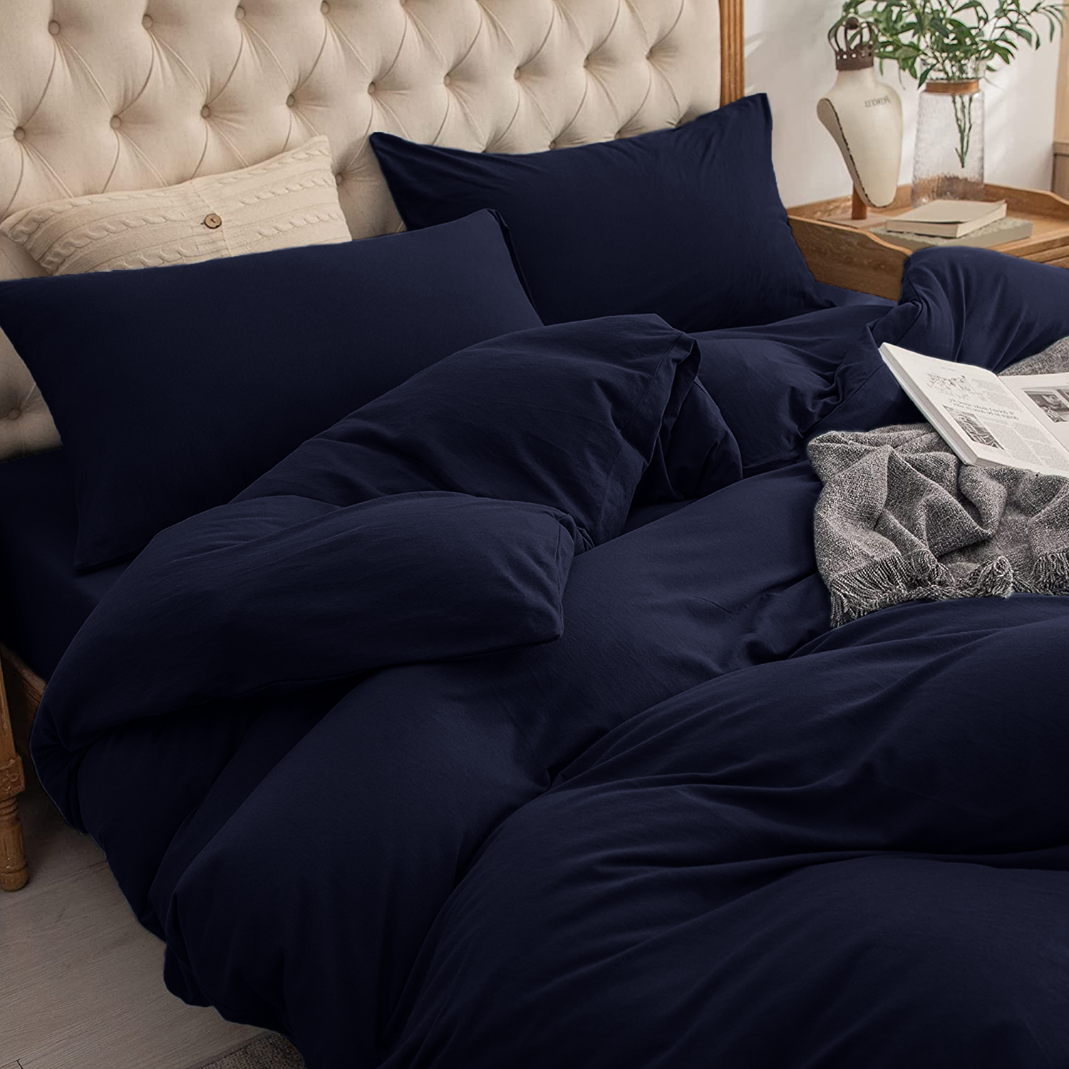 4 Piece Plain Bedding Set Navy Blue