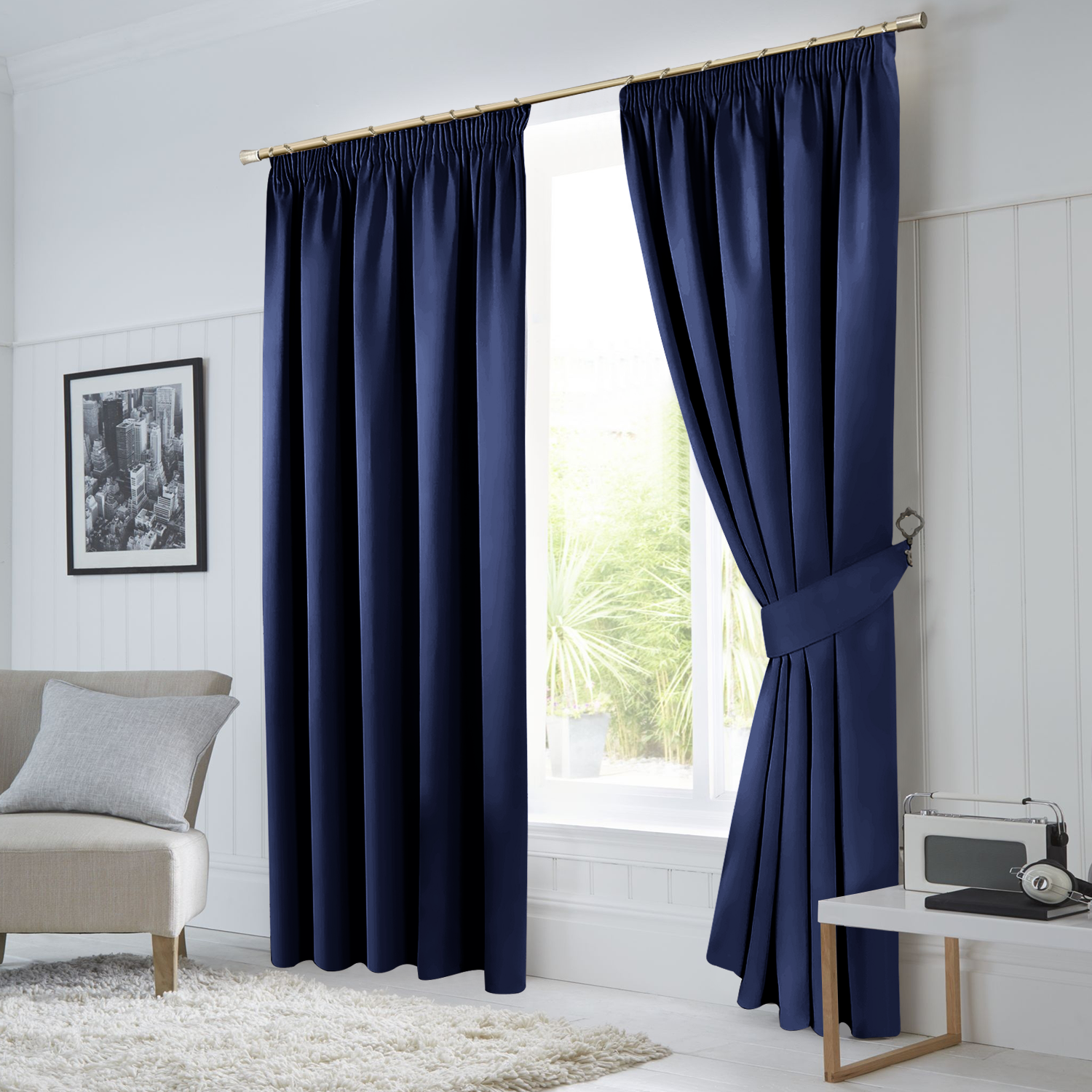 Navy Blue Pencil Pleat Curtains Thermal Blackout