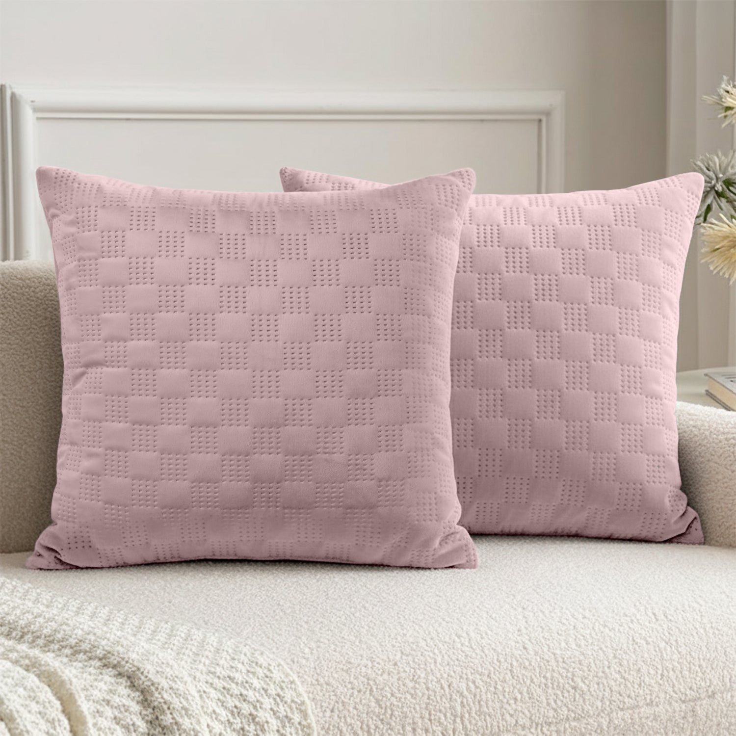 Pack Of 2 Square Velvet Cushion Cover Check Pattern