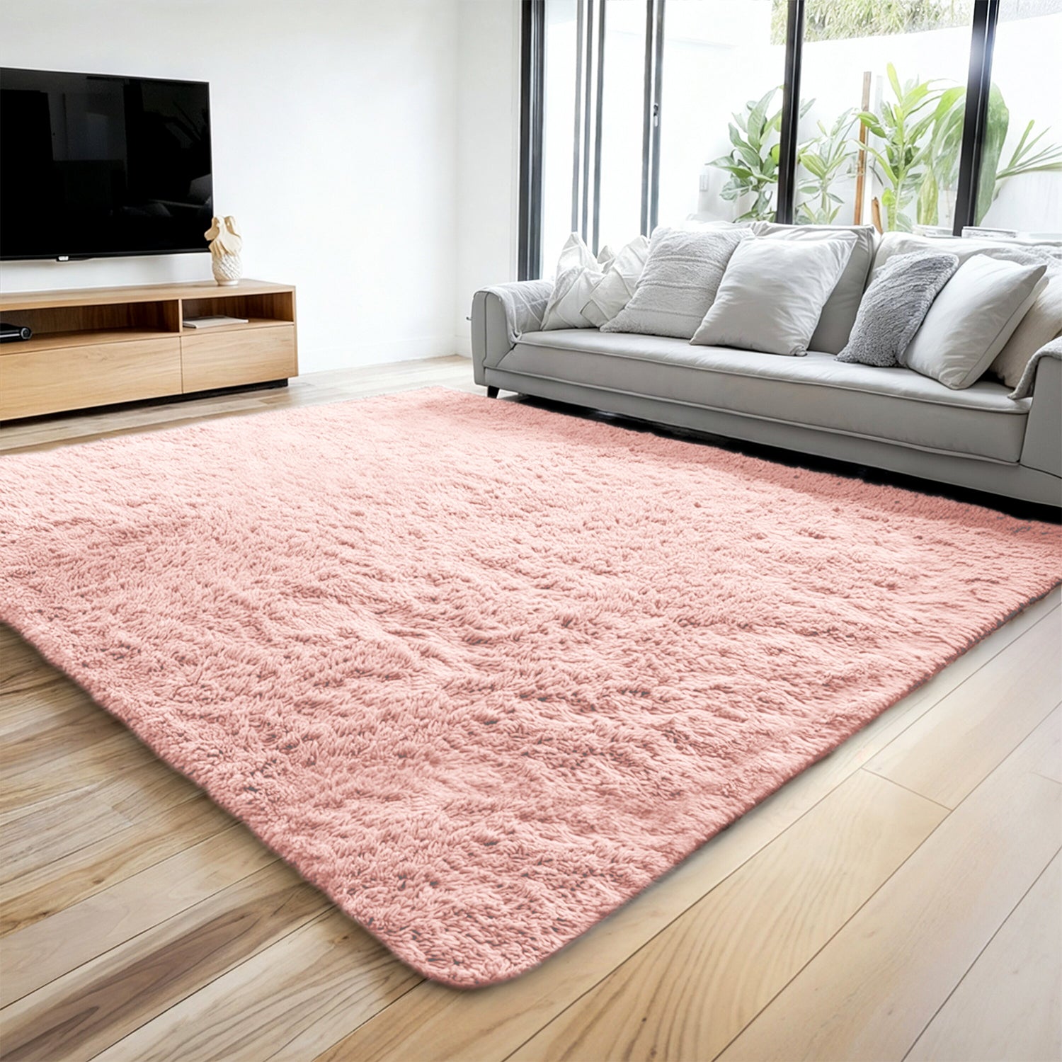 Large Pink Fluffy Rug Soft Deep Pile