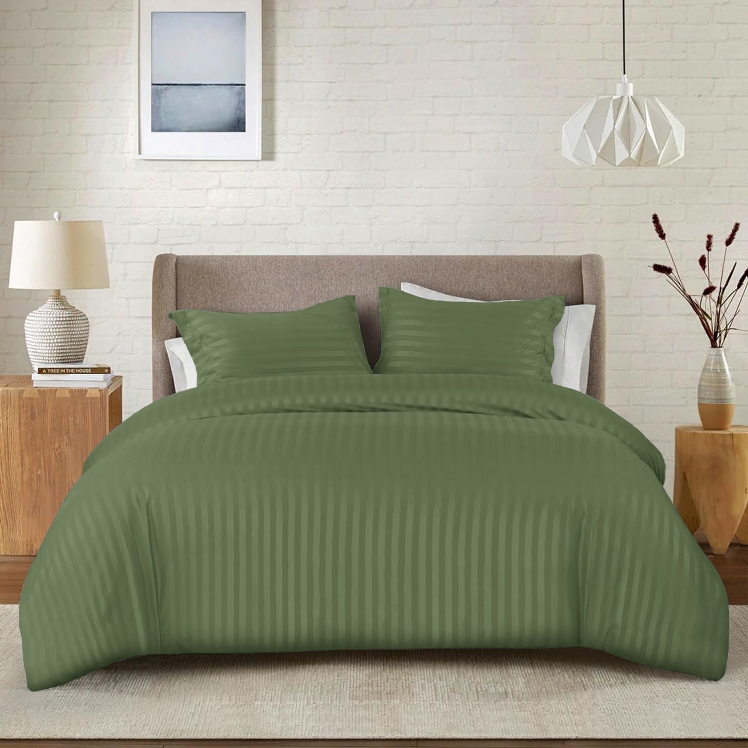 Olive Green complete Stripe Duvet Cover set