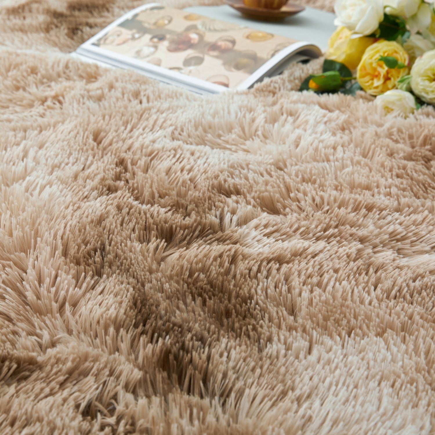 Large Shaggy Rug Soft Deep Pile Tie Dye Beige