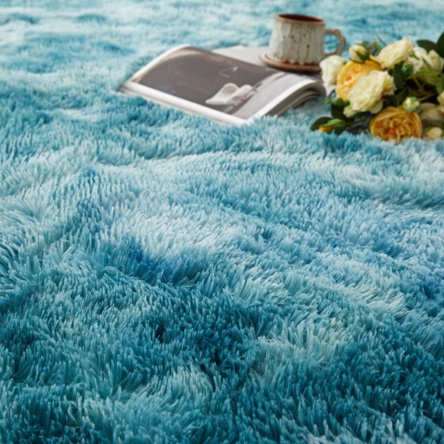 Large Shaggy Rug Soft Deep Pile Tie Dye Teal