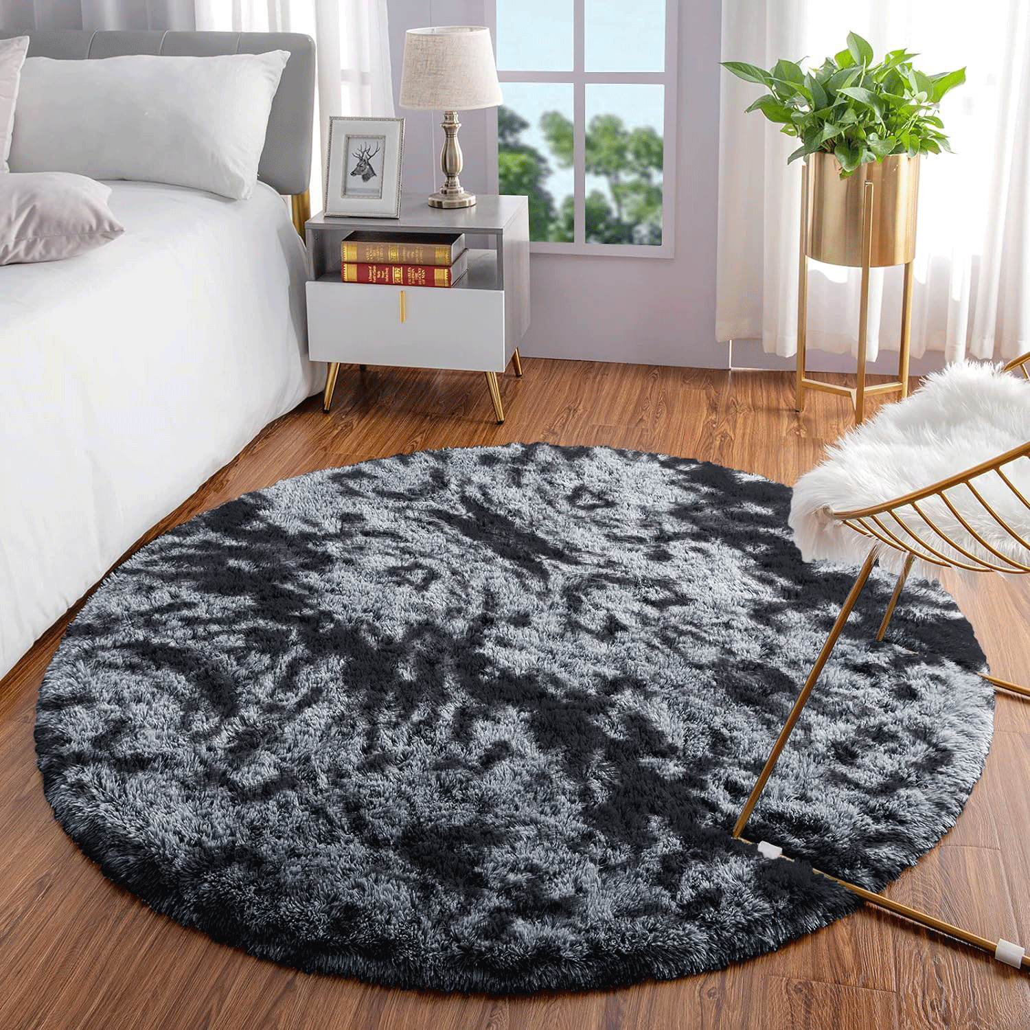 tie dye grey and black round rug