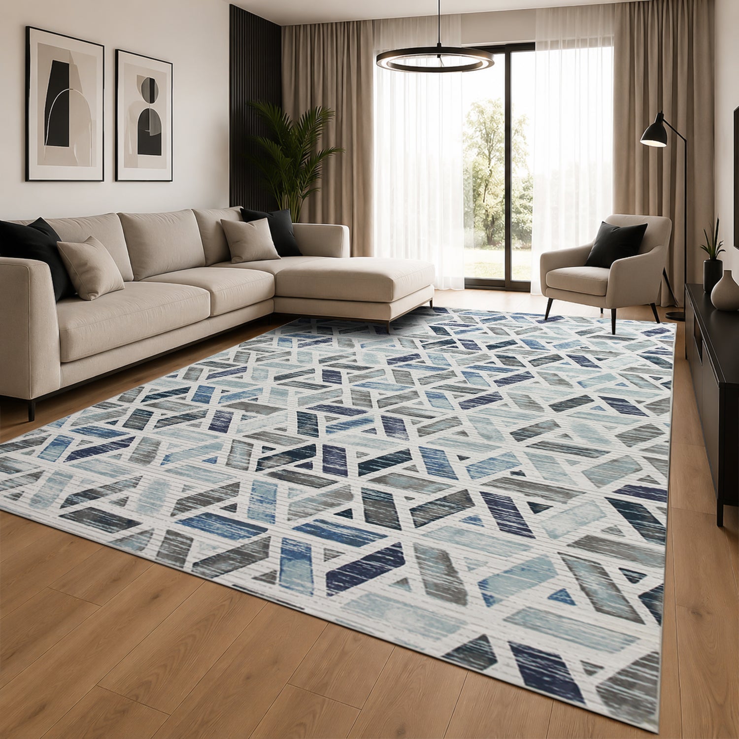 Contemporary Blue Grey Tufted Rug for Living Room