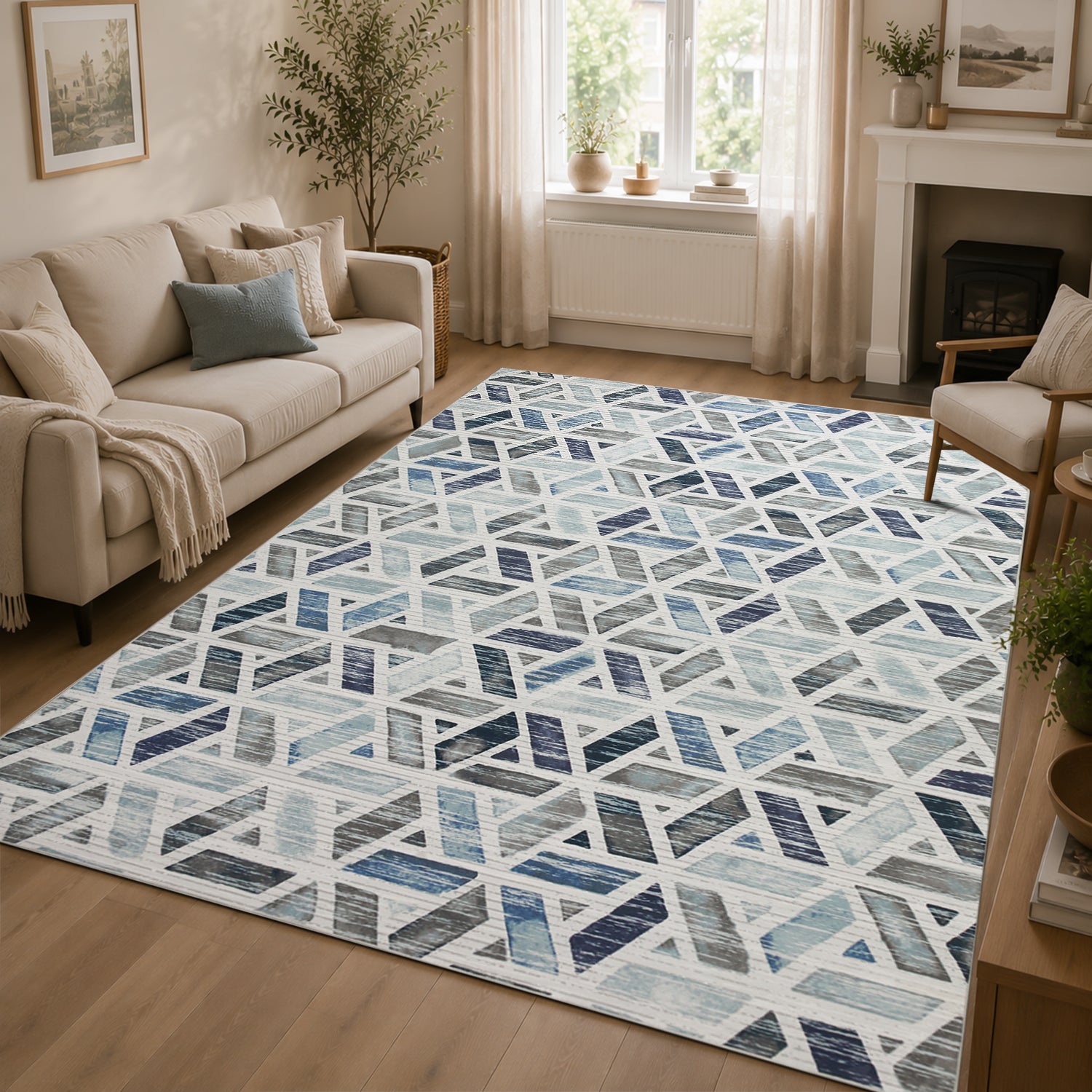 Contemporary Blue Grey Tufted Rug for Living Room