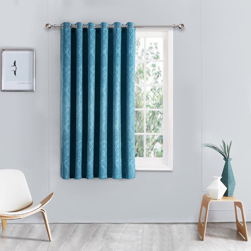 single panel embossed blackout curtain in teal