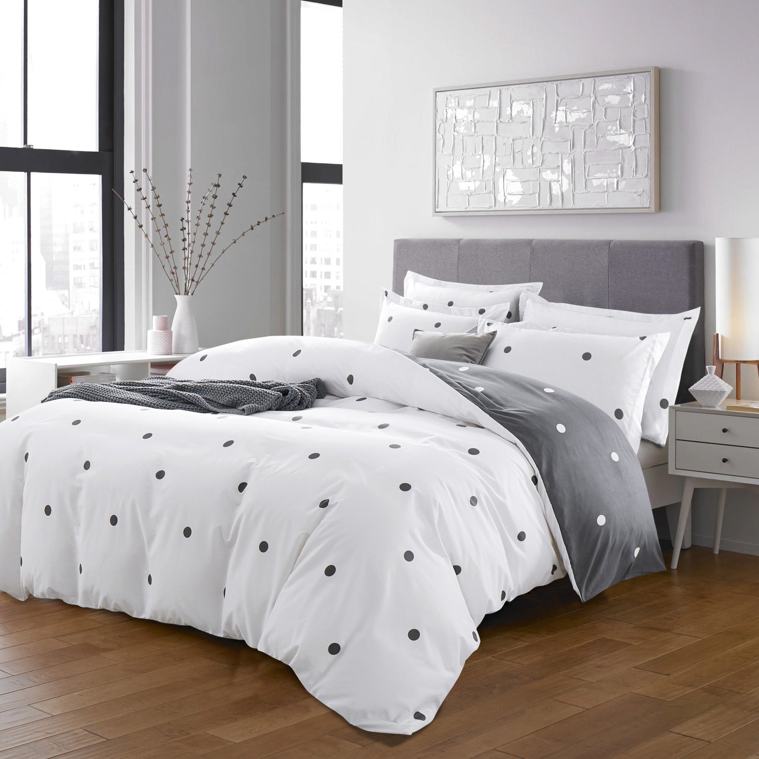 Polka Dot Duvet Cover Reversible Bedding Set White & Grey