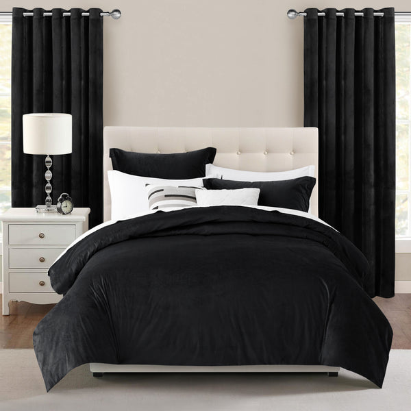 Crushed Velvet Black Duvet Cover and Eyelet Curtains Matching Set